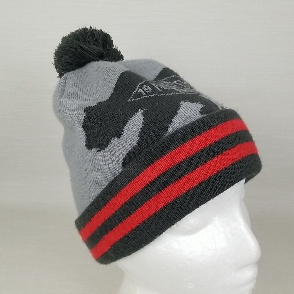 The North Face Juniors Bear Winter Beanie Hat W/ Pom Gray W/ Red Stripes Cuffed